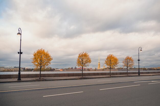 Vista dramática da cidade de outono. árvores amarelas de outono no aterro de granito em são petersburgo. rússia.