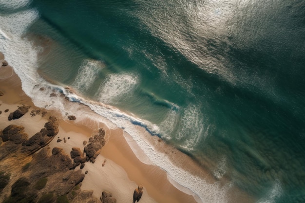 La vista de un dron de una playa y el océano captura la paz