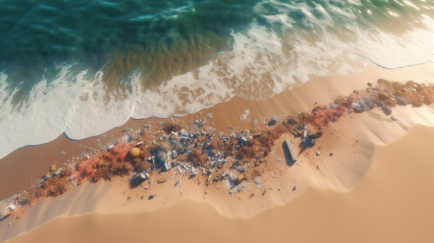 Vista de drone de la playa con basura generada por IA