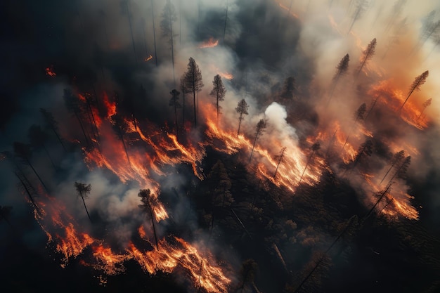 Vista por drones del bosque en llamas