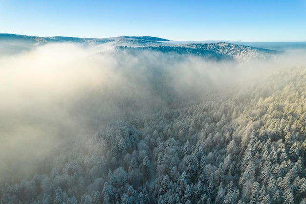 Vista de drones de colinas onduladas de invierno cubiertas de nieve