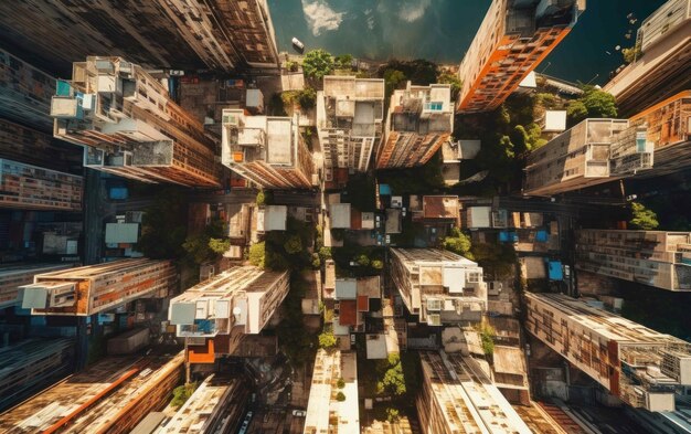 Foto vista de drones del paisaje urbano con estructuras altísimas