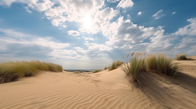 Vista de las dunas de arena del paisaje de verano cubiertas de hierba contra el cielo azul con la nube AI generativa