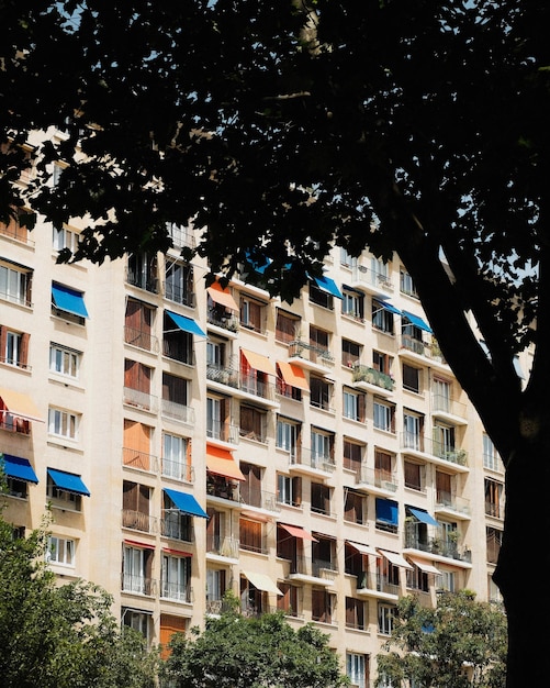 Vista de un edificio de hormigón a través de los árboles Foto de archivo