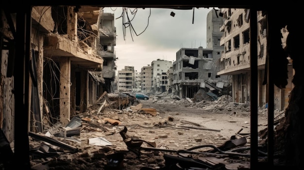 Vista desde un edificio en ruinas de una ciudad devastada por la guerra