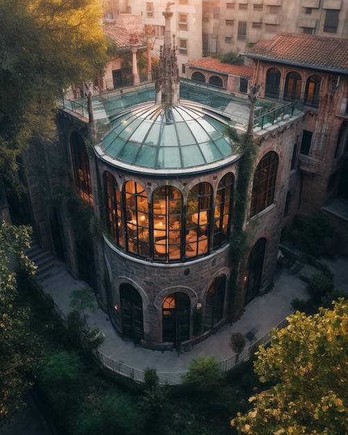 Una vista de un edificio con un techo en forma de cúpula y un techo verde.