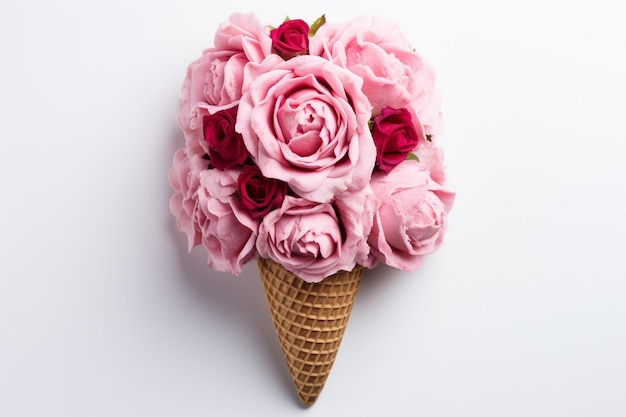 Vista elevada de rosa em cone de sorvete de waffle em fundo branco