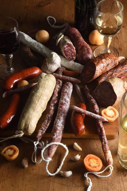 Vista elevada de salsichas espanholas típicas e vinho tinto e branco na mesa de madeira