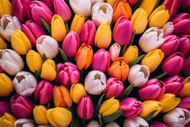 Vista elevada de las frescas y hermosas flores de tulipán