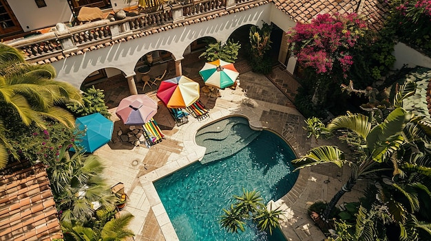 Foto vista elevada de una piscina de patio con un toque mediterráneo