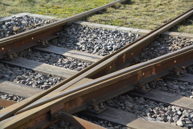 Vista em alto ângulo de trilhos ferroviários