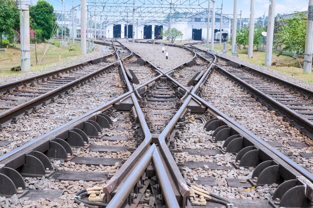 Vista em alto ângulo de trilhos ferroviários