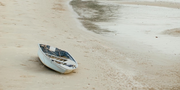 Foto vista em alto ângulo de um barco a remo ancorado na praia