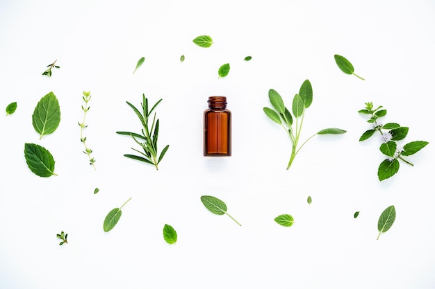 Vista em alto ângulo dos ingredientes e da garrafa sobre um fundo branco