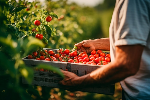 Vista em close de tomate vegetal tirado de um fazendeiro irrecognizável segurando tomates em sua mão