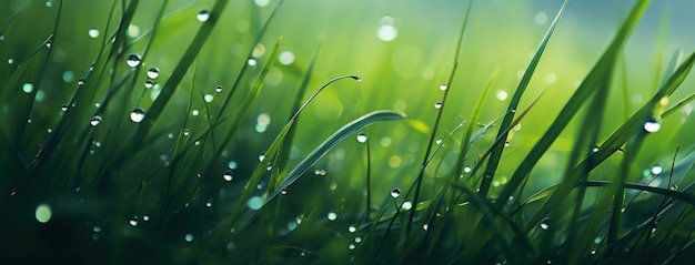 Vista em close-up Bela grama verde com gotas de chuva imagem gerada por IA