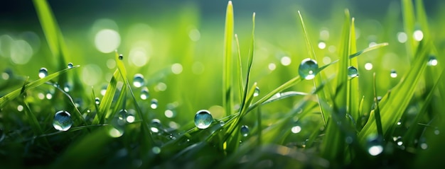 Vista em close-up Bela grama verde com gotas de chuva imagem gerada por IA