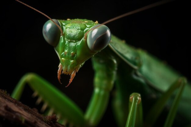 Vista em close-up da brilhante mantis de oração verde gerada pela ia