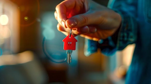 Vista em close-up da pessoa que detém as chaves da casa Conceito de nova casa e propriedade Imóveis Imóveis Ideias de investimento em propriedades IA