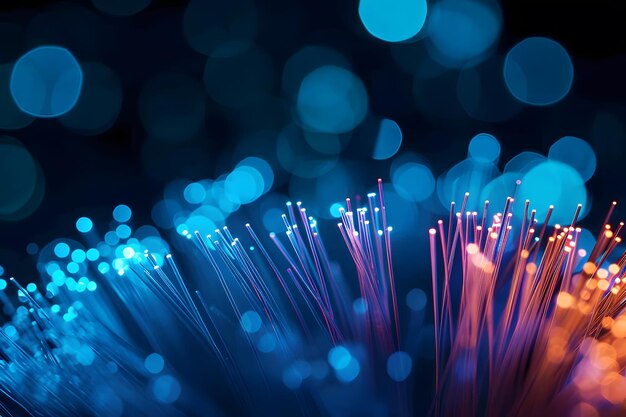 Foto vista em close-up de fio de fibra óptica com luz de néon papel de parede de tecnologia