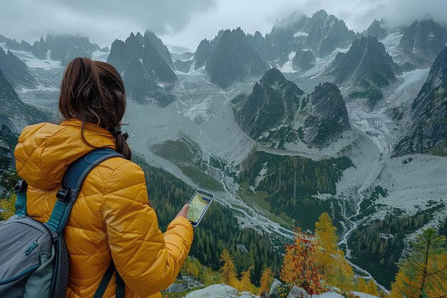 Vista em close-up de um caminhante usando aplicativo de GPS de smartphones em viagens de montanha