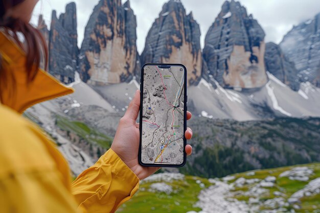 Vista em close-up de um caminhante usando aplicativo de GPS de smartphones em viagens de montanha