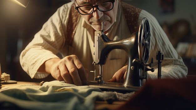 Vista em close-up de um costureiro profissional no trabalho Homem idoso sério trabalhando uma máquina de costura em uma fábrica de roupas