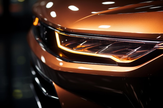 Vista em close-up de um farol LED de um carro moderno e detalhes da grelha em um corpo laranja