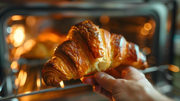 Vista em close-up de uma mão segurando um croissant fresco saindo do forno recém-preparado