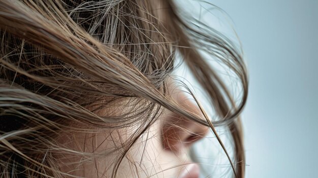 Vista em close-up de uma orelha de mulher com o cabelo balançando suavemente no vento mostrando o cuidado do cabelo e o look elegante
