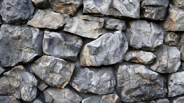 Vista em close-up de uma parede de pedra texturizada composta de rochas cinzentas de forma irregular mostrando p natural