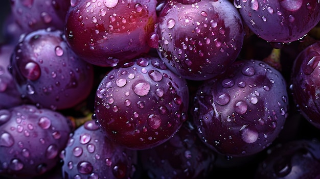 Vista em close-up de uvas roxas, frescas e suculentas, fundo de frutas, cores vibrantes, conceito de alimentos saudáveis, textura natural, detalhes fotográficos, IA