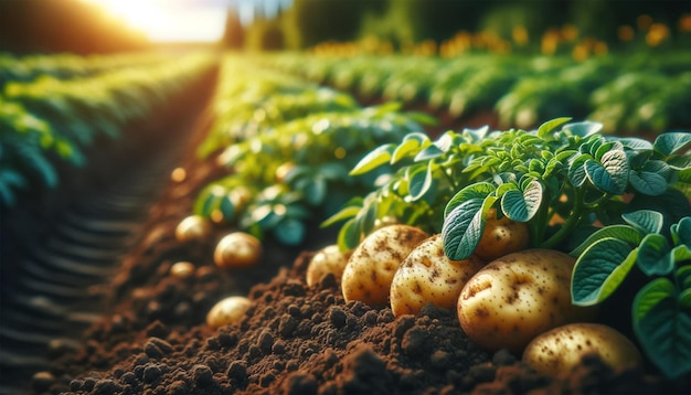 Vista em detalhe de uma fazenda de batatas mostrando fileiras de plantas de batata crescendo em ricas