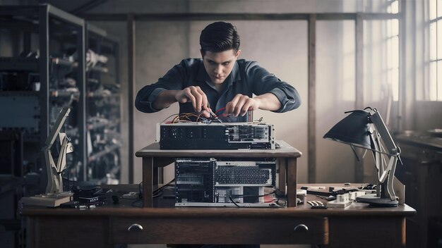 Vista em meia seção de um técnico masculino montando um computador em uma mesa de madeira