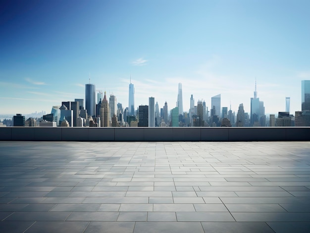 Vista em perspectiva do chão vazio e do edifício moderno no telhado com cena urbana