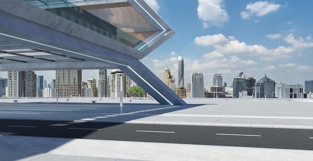 Vista em perspectiva do piso de concreto vazio e edifício moderno no telhado