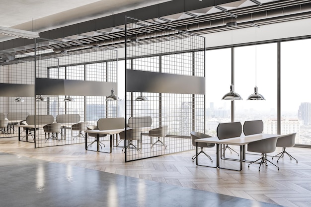 Vista em perspectiva em espaços de trabalho elegantes no escritório ensolarado estilo loft com vista da cidade de parquet de janela panorâmica e piso de concreto e renderização em 3D de lâmpadas metálicas
