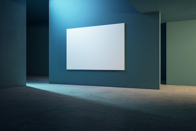 Vista em perspectiva no cartaz branco em branco com lugar para o seu logotipo ou texto na partição de parede escura no salão de exposições abstrato com maquete de renderização 3D de piso de concreto iluminado