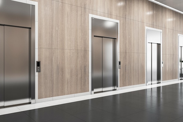 Vista em perspectiva sobre elevadores de aço no salão do corredor do centro de negócios espaçoso com fundo de parede de madeira e renderização em 3D de piso brilhante escuro