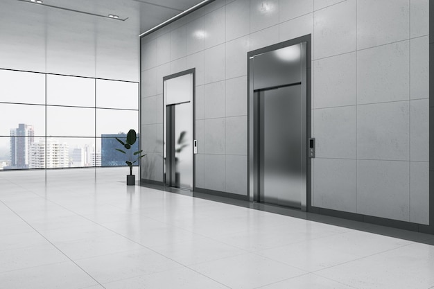 Vista em perspectiva sobre elevadores fechados no espaçoso corredor do centro de negócios moderno com piso brilhante de planta verde e fundo de vista da cidade a partir da janela grande renderização em 3D