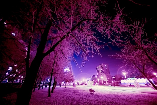Vista em uma cidade de noite de inverno na neve