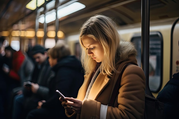 Vista em zoom de uma menina em um trem movimentado rolando em seu telefone