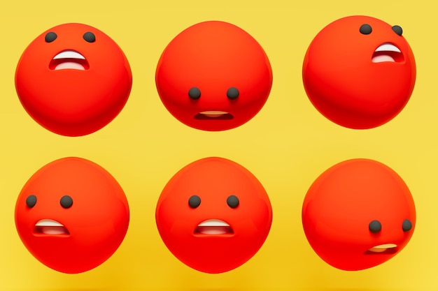 Vista de emoticono rojo asustado desde diferentes ángulos para preocupaciones tecnológicas y otros temas ilustración 3d