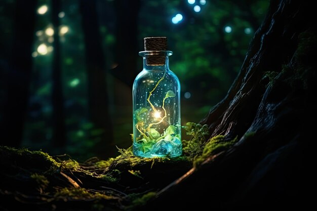 Foto vista encantadora de una botella iluminada en un jardín por la noche poción de hadas en una botella en el bosque soñador