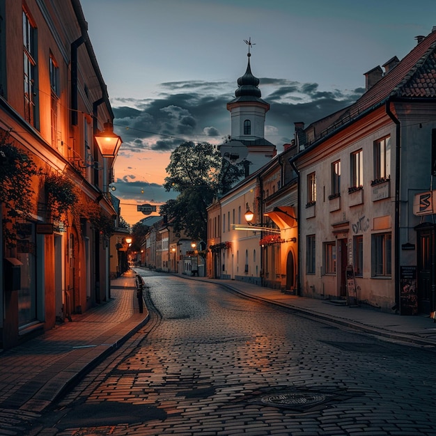 Vista encantadora do pôr-do-sol da Cidade Velha de Vilnius Rua Cobblestone com Torre do Relógio