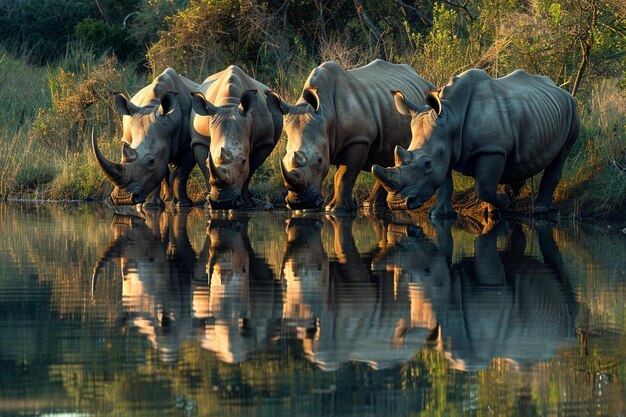 Una vista encantadora de un grupo de rinocerontes blancos generativos ai