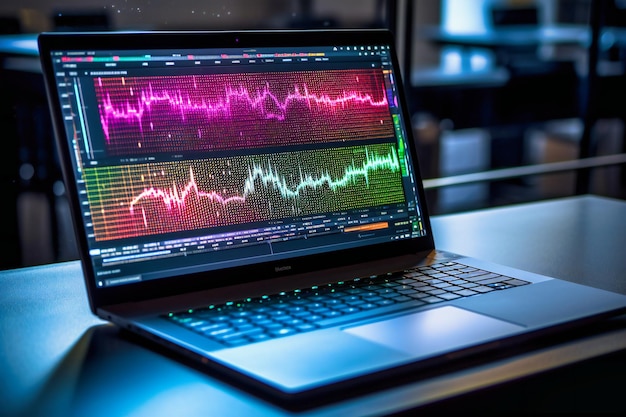 Vista por encima del hombro de una computadora portátil que muestra un gráfico de datos interactivo detallado