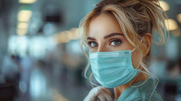 Vista de una enfermera en uniforme que se pone una máscara médica antes de trabajar en la clínica durante la epidemia de coronavirus