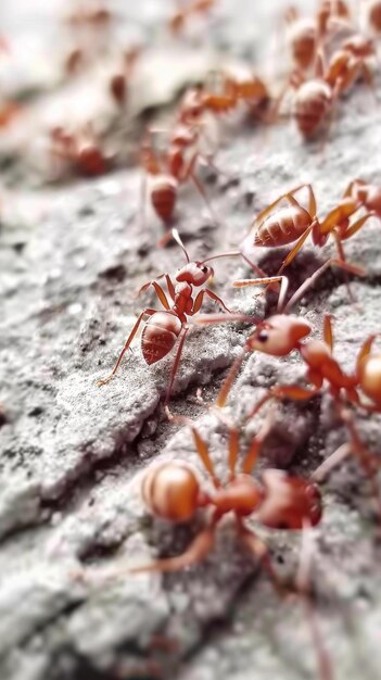 Vista enfocada de las hormigas rojas en un suelo texturizado