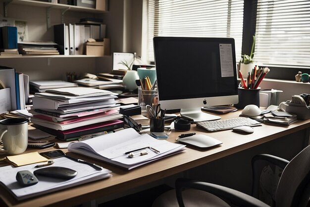 Foto vista del escritorio de la oficina con espacio de trabajo desordenado y portátil